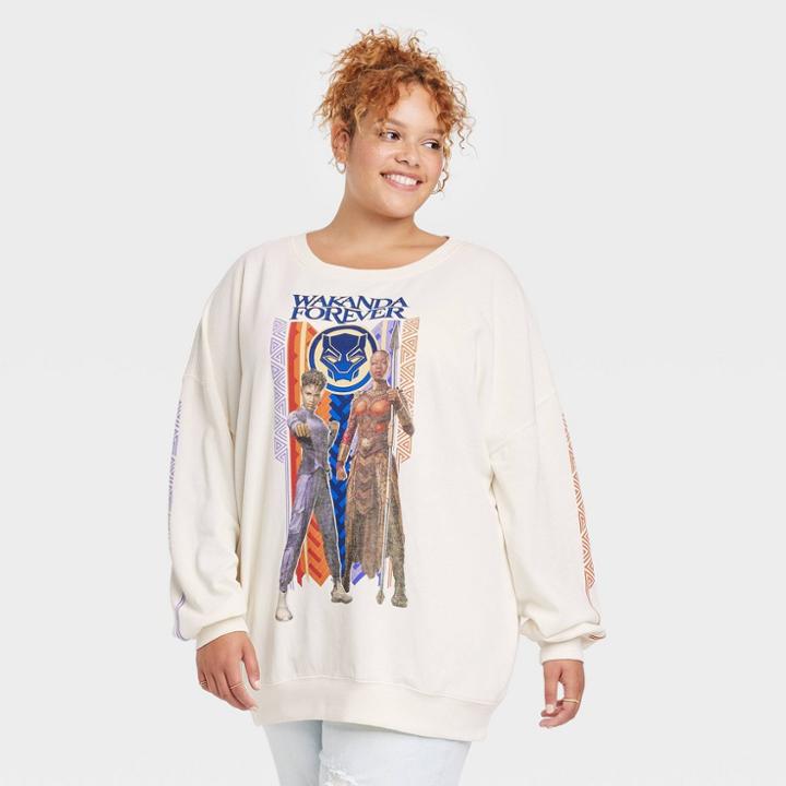 Women's Marvel Wakanda Forever Plus Size Graphic Sweatshirt - Cream