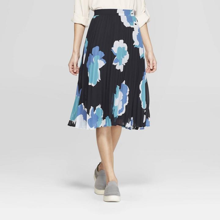 Women's Floral Print Pleated Skirt - A New Day Navy
