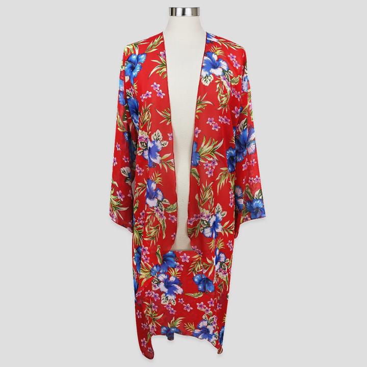 Sylvia Alexander Women's Floral Print Hibiscus Kimono Jacket - Red