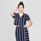 Women's Striped Short Sleeve Cropped Button-down Shirt - Xhilaration Navy