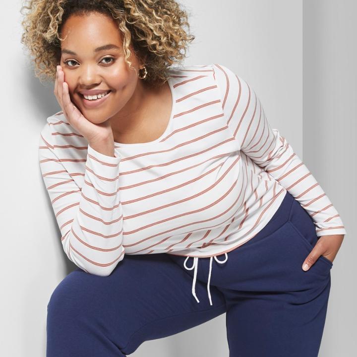 Women's Striped Long Sleeve Crew Neck T-shirt - Wild Fable Orange