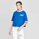 Target Women's Stranger Things Ahoy Short Sleeve Cropped Polo T-shirt (juniors') - Blue