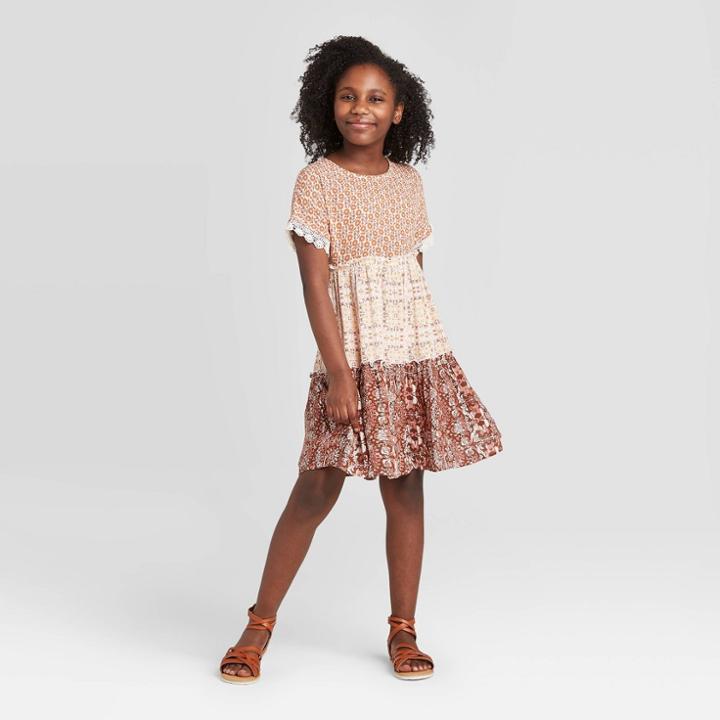 Girls' Crochet Sleeve Dress - Art Class Orange S, Girl's,