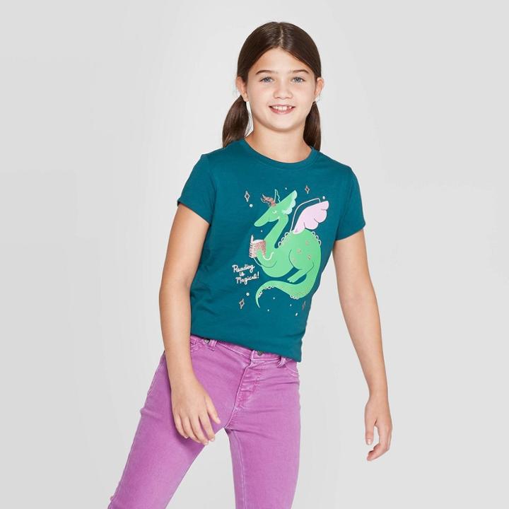 Petitegirls' Short Sleeve Dragon Graphic T-shirt - Cat & Jack Dark Teal Xl, Girl's, Blue