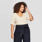 Women's Plus Size Short Sleeve V-neck Cozy Rib Top - A New Day Oatmeal