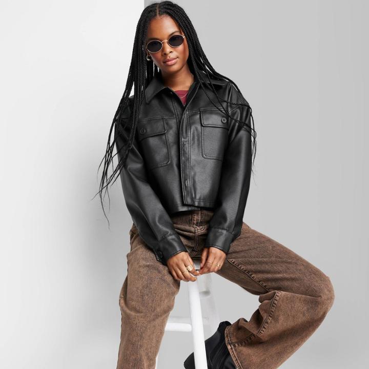 Women's Cropped Faux Leather Shacket - Wild Fable Black