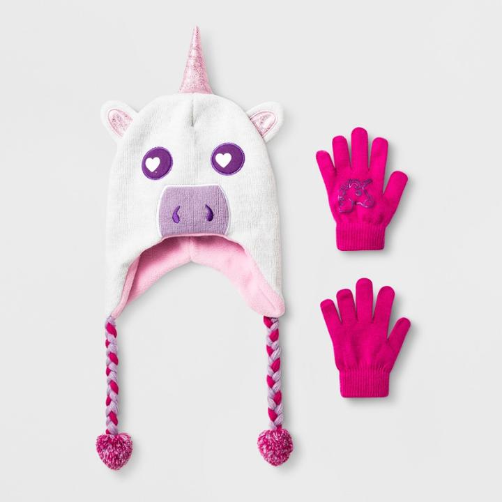 Girls' Emoji Unicorn With Horn Laplander & Glove Set - White