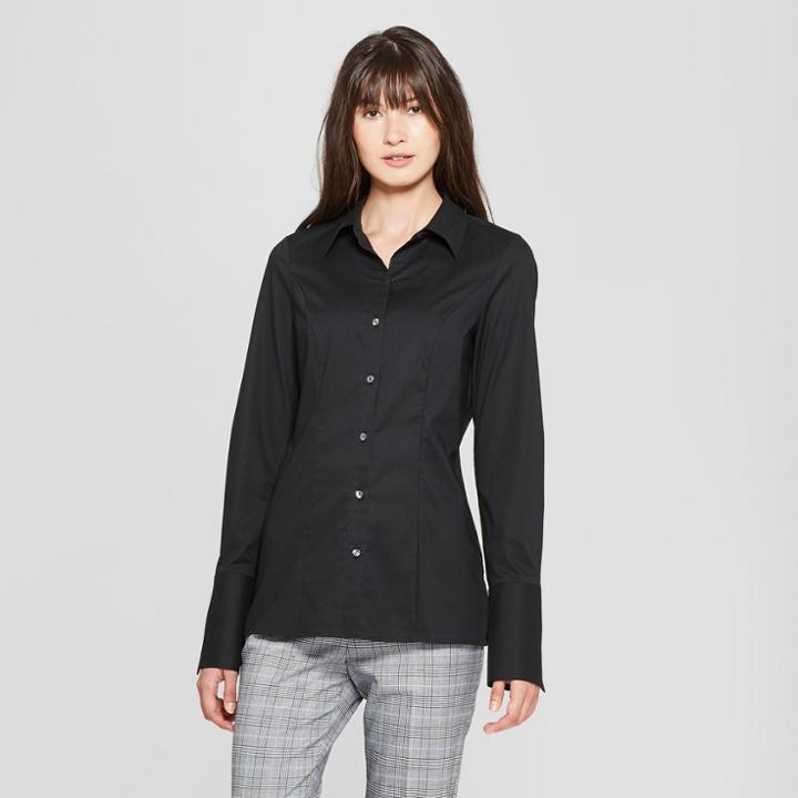 Women's Long Sleeve Fitted Button-down Collared Shirt - Prologue Black