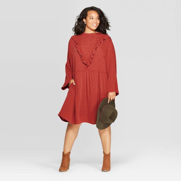 Women's Plus Size 3/4 Sleeve Mock Turtleneck Ruffle Dress - Universal Thread Orange 2x, Women's,