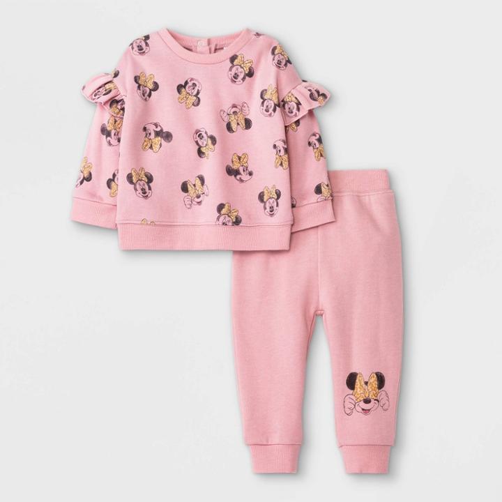 Disney Baby Girls' 2pc Minnie Mouse Long Sleeve Fleece Pullover And Jogger Set - Pink Newborn