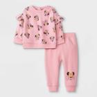 Disney Baby Girls' 2pc Minnie Mouse Long Sleeve Fleece Pullover And Jogger Set - Pink Newborn