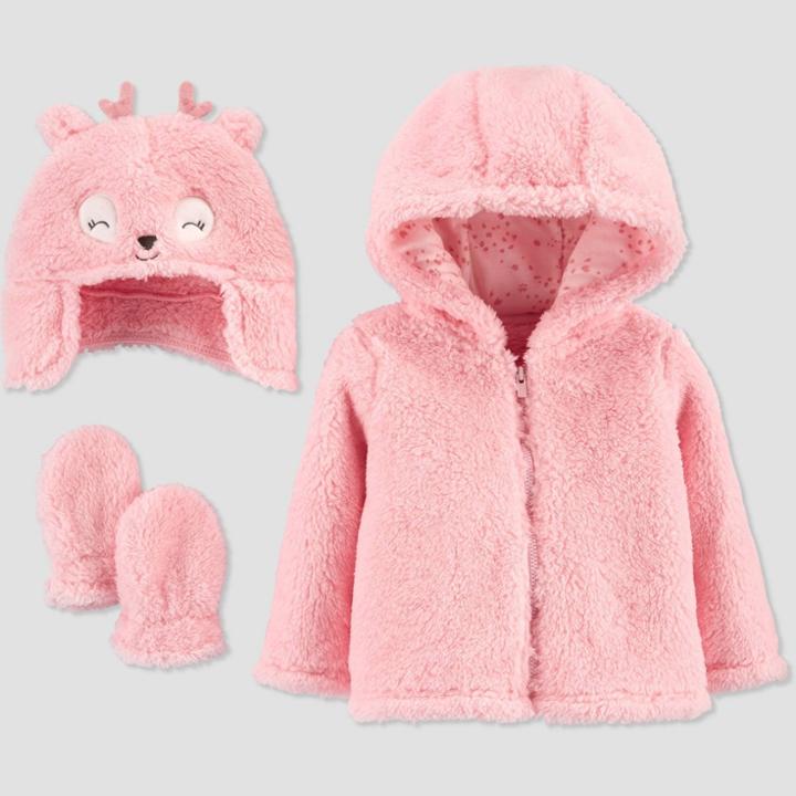 Baby Girls' Deer 3pc Faux Fur Jacket - Just One You Made By Carter's Pink