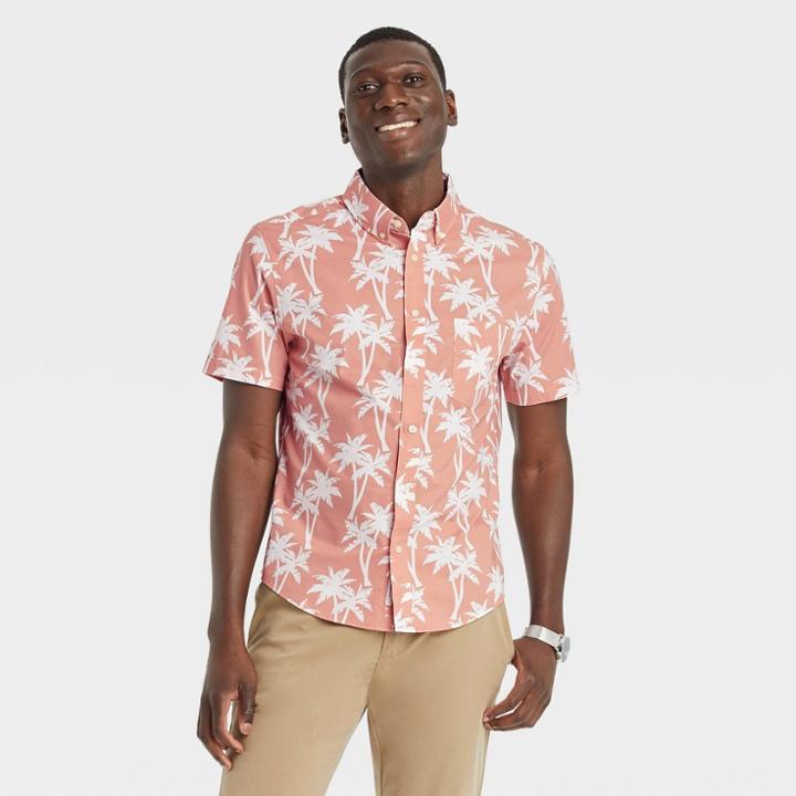 Men's Printed Standard Fit Short Sleeve Button-down Shirt - Goodfellow & Co Peach Orange/tree