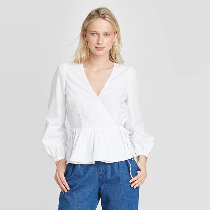 Women's Long Sleeve V-neck Wrapped Peplum Top - Who What Wear White