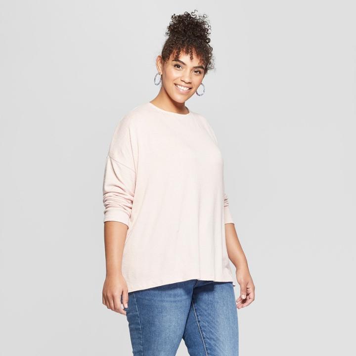 Women's Plus Size Asymmetric Long Sleeve Knit Top - Ava & Viv Pink