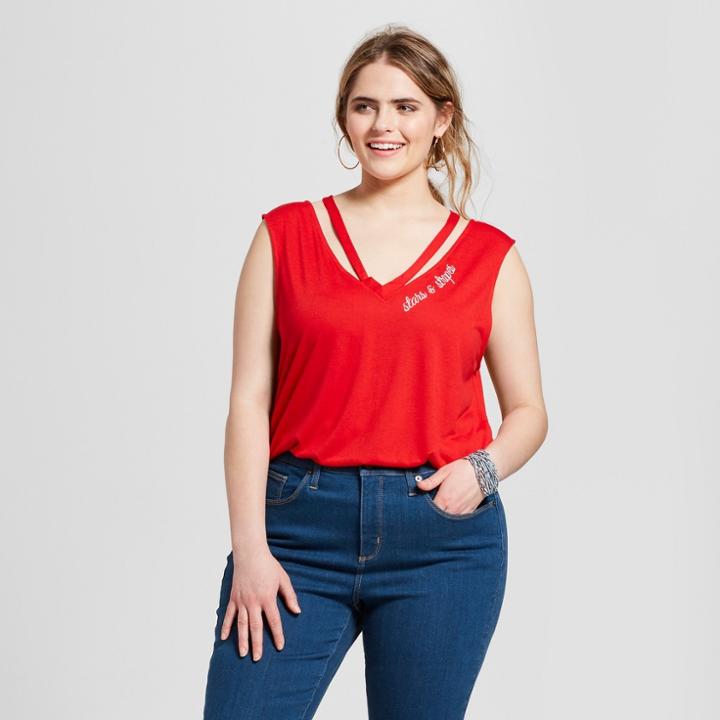 Women's Plus Size Stars And Stripes Embroidered Clavicle Cut-out Graphic Tank Top - Fifth Sun (juniors') Red