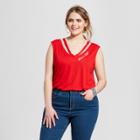 Women's Plus Size Stars And Stripes Embroidered Clavicle Cut-out Graphic Tank Top - Fifth Sun (juniors') Red