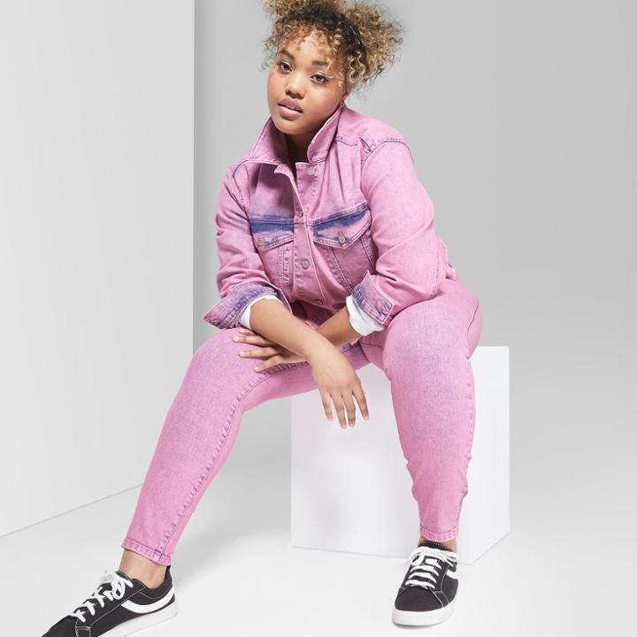 Women's Plus Size Long Sleeve Denim Trucker Jacket - Wild Fable Pink