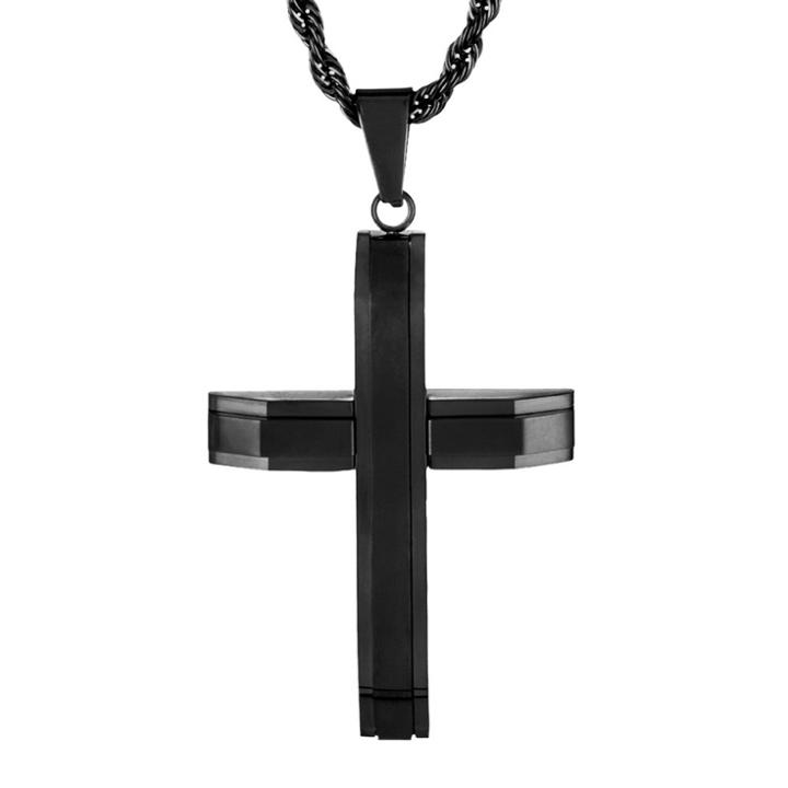 Men's Crucible Stainless Steel Layered Cross Pendant Necklace - Black (24),