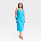Women's Plus Size Sleeveless Rib Knit Side Ruched Dress - A New Day Turquoise Blue