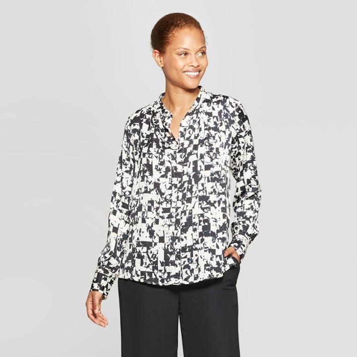 Women's Long Sleeve Collared Woven Blouse - Prologue White Xl, Black Geometric Print