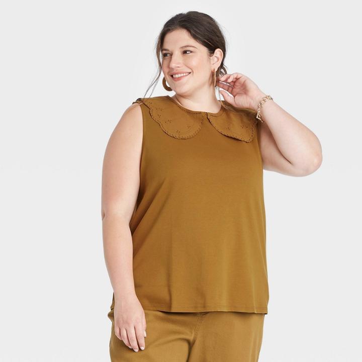 Women's Plus Size Collared Muscle T-shirt - A New Day Brown