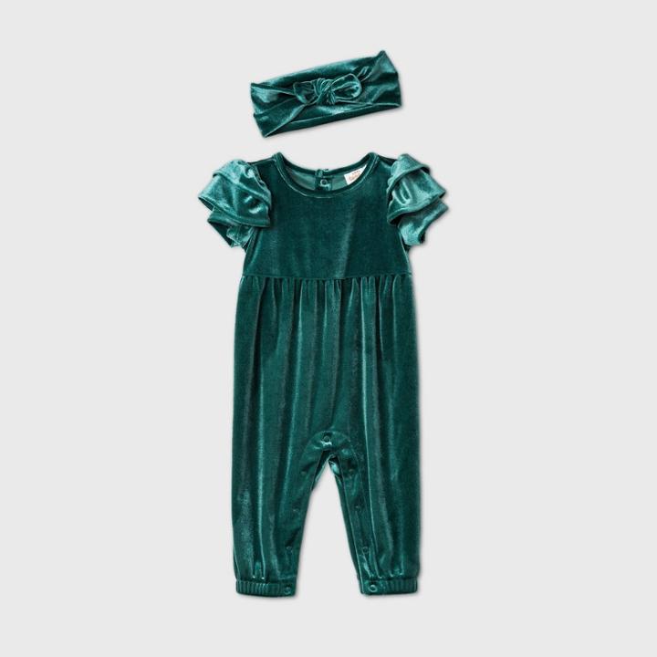 Baby Girls' Velour Ruffle Short Sleeve Romper - Cat & Jack Green
