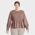 Women's Plus Size Long Sleeve Smocked Top - A New Day Brown