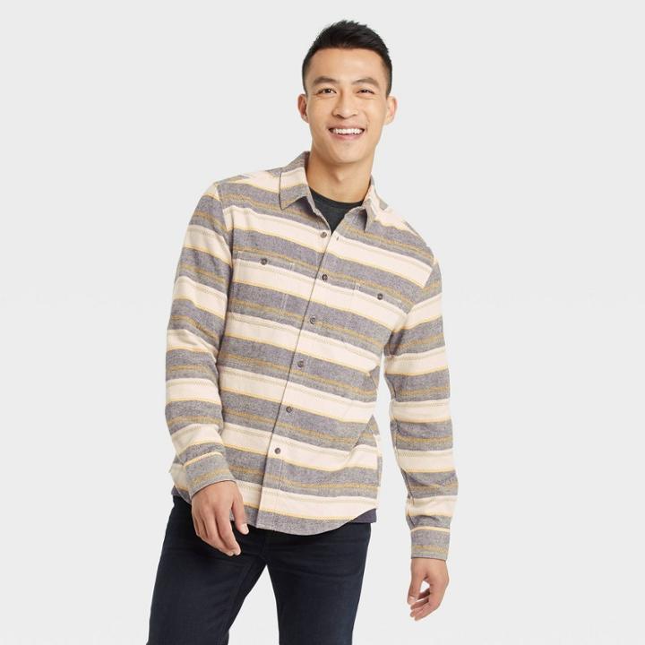 Men's Striped Casual Fit Long Sleeve Button-down Shirt - Goodfellow & Co Light Brown/striped