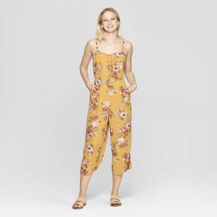 Women's Floral Print Sleeveless Sweetheart Neck Strappy Cropped Jumpsuit - Xhilaration Mustard (yellow)