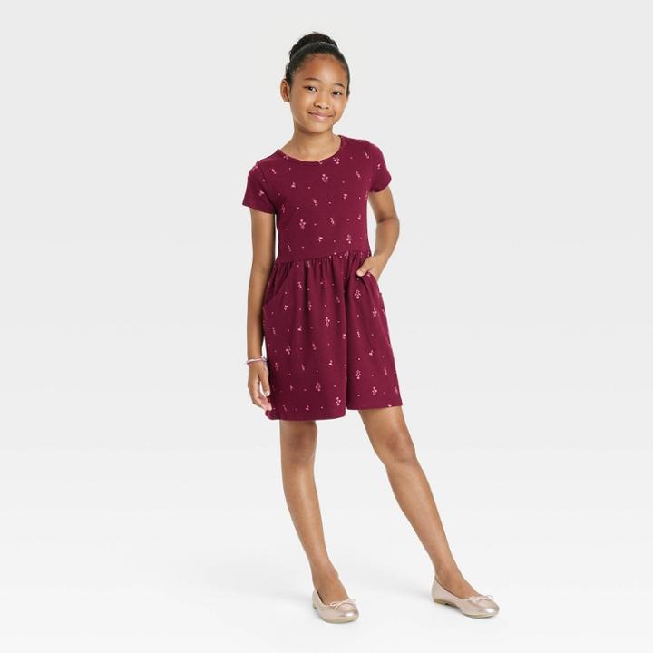 Girls' Printed Short Sleeve Knit Dress - Cat & Jack Burgundy