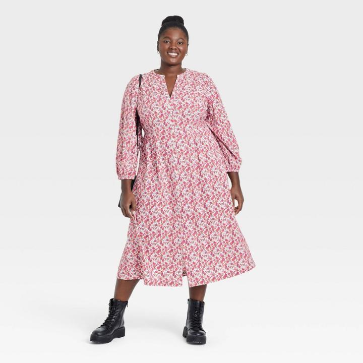 Women's Plus Size Balloon Long Sleeve Button-front Dress - Universal Thread Pink Floral
