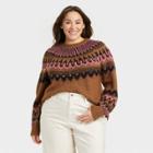 Women's Plus Size Crewneck Pullover Sweater - Knox Rose Brown Fair Isle