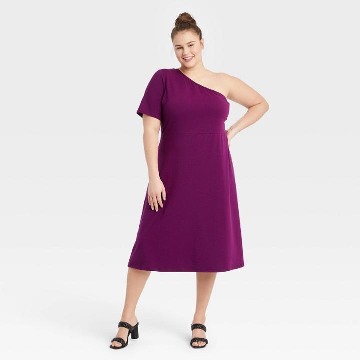 Women's Plus Size Elbow Sleeve One Shoulder Knit Dress - Who What Wear Purple