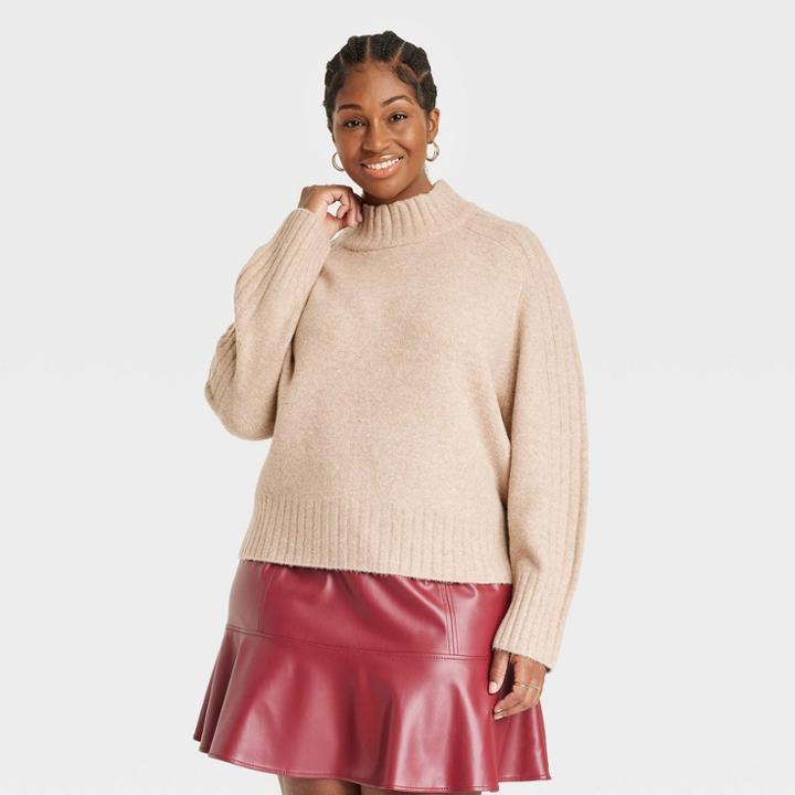 Women's Plus Size Mock Turtleneck Pullover Sweater - Ava & Viv Oatmeal
