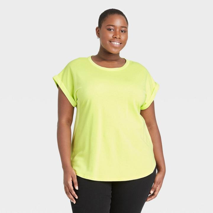 Women's Plus Size Striped Round Neck Cuffed T-shirt - Ava & Viv Green X
