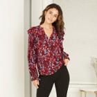 Women's Floral Print Long Sleeve Romantic Ruffle Blouse - A New Day Red