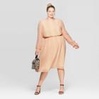 Women's Plus Size Snake Print Long Sleeve Crewneck Smocked Waist Midi Dress - Ava & Viv Brown 1x, Women's, Size: