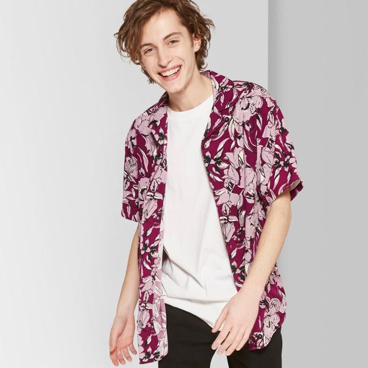 Men's Floral Print Short Sleeve Button-down Shirt - Original Use Cherry Peony