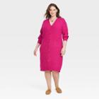 Women's Plus Size Long Sleeve Button-front Sweater Dress - A New Day Pink