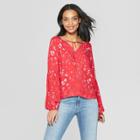 Women's Floral Print Long Sleeve V-neck Peasant Top - Universal Thread Red