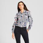 Women's Thin Stripe Long Sleeve Floral Print Button-up Blouse With Ruffle Sleeve Detail - Needlework Black/white