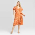 Women's Plus Size Floral Print Short Sleeve Deep V-neck Wrap Dress - A New Day Orange 1x, Women's,