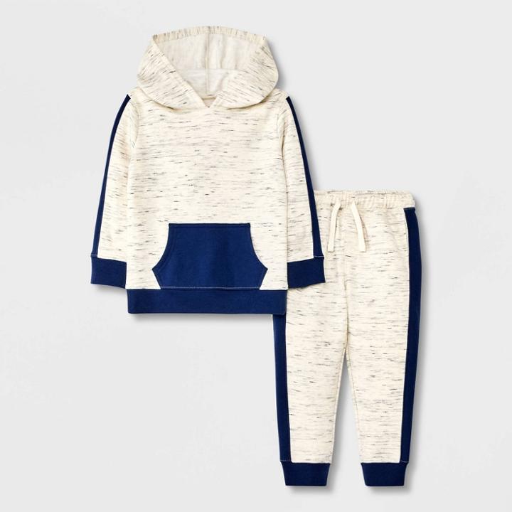 Toddler Boys' 2pc Colorblock Textured Fleece Hoodie Pullover Sweatshirt And Jogger Pants Set - Cat & Jack Cream