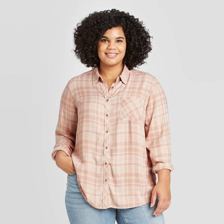 Women's Plus Size Plaid Long Sleeve Collared Button-down Top - Universal Thread Pink 1x, Women's,