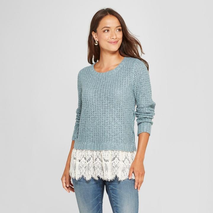 Women's Long Sleeve Lace Twofer Sweater - Knox Rose Teal