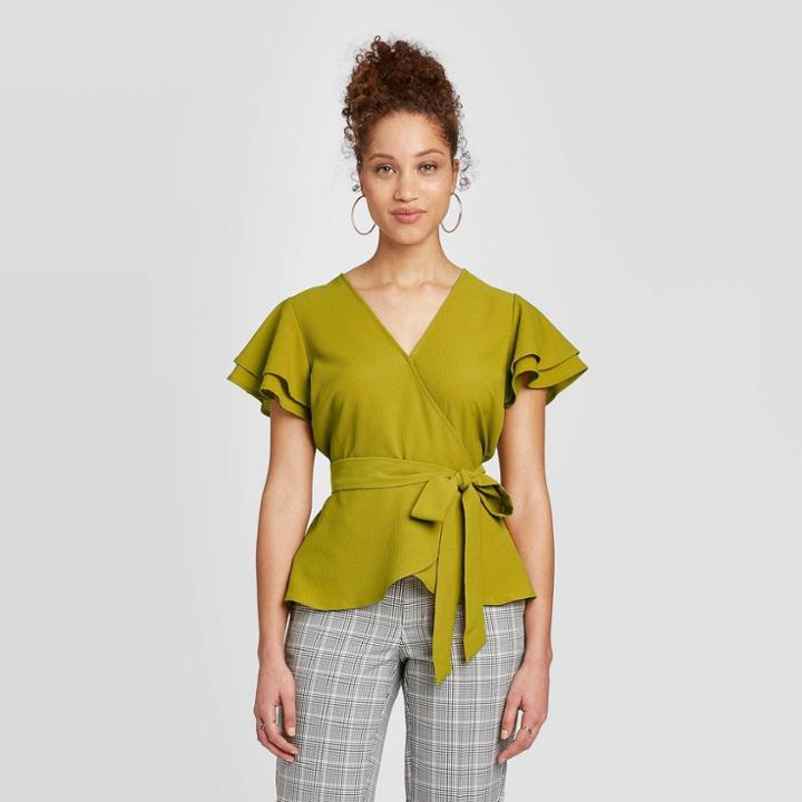 Women's Ruffle Short Sleeve Wrap Top - A New Day Green S, Women's,