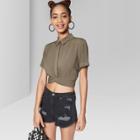 Women's Short Sleeve Twist Front Solid Button-down Top - Wild Fable Olive