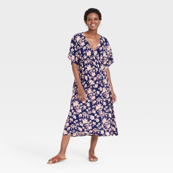 Women's Floral Print Short Sleeve Kimono Dress - Knox Rose Navy