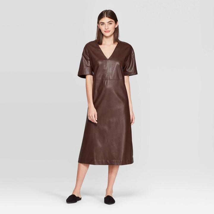 Petitewomen's Short Sleeve V-neck A Line Midi Dress - Prologue Brown M, Women's,